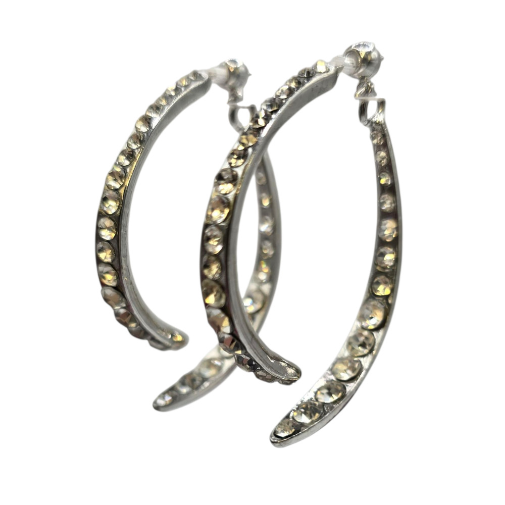 Earrings Silver Tone Clear Rhinestone Hoop Curved Open Design Fashion SKU2409 - Picture 3 of 6